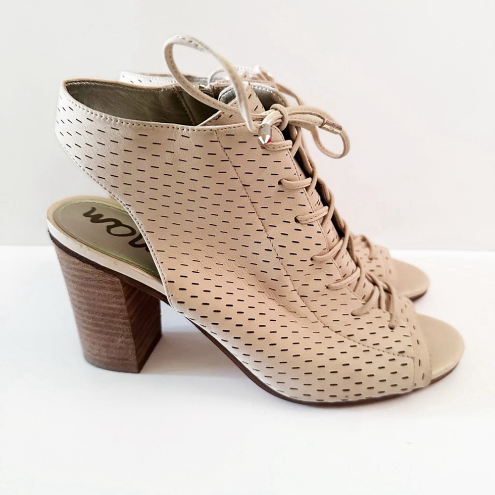 Sam Edelman Ennette Lace-Up Peep Toe Block Heel Sandals Beige Leather Size 8M